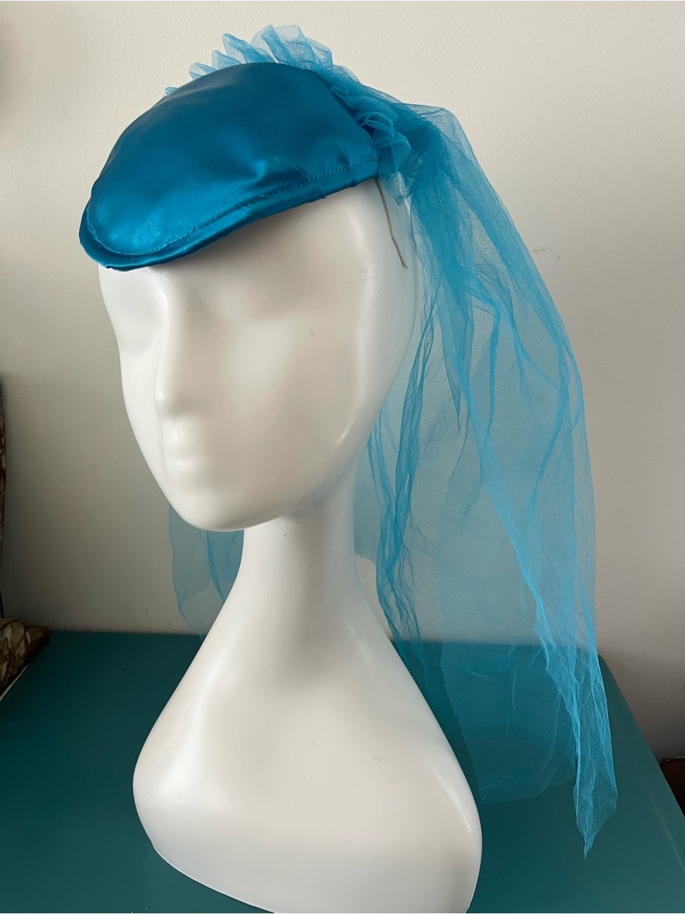 Vintage Teal Satin Pillbox Veil Headpiece - Women Accessories